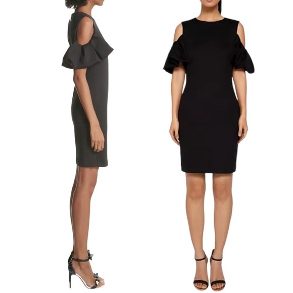 TED BAKER LONDON SALNIE BLACK COLD SHOULDER RUFFLE SHEATH COCKTAIL DRESS - Picture 2 of 16